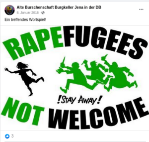 Grafik mit der Aufschrift „Rapefugees not welcome“. „Rapefugees“ ist ein rechte Wortkombination von Rape (Vergewaltigung) und Refugee (Geflüchteter). Das Logo setzt Geflüchtete mit Vergewaltigern gleich