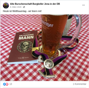 Facebook-Post des Burgkellers am 8. März auf dem das Antaios-Buch "Ein ganzerer Mann" vom extrem rechten US-amerikanischen Maskulinsten Jack Donovan zu sehen ist