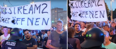 Zwei Bilder von dem Demonstrationszug am 5.9.2022 in Leipzig. Auf beiden sieht man Lars Kühne in der ersten Reihe vor einer Polizeikette, wie er diskutiert und Sprechchör.e ruft