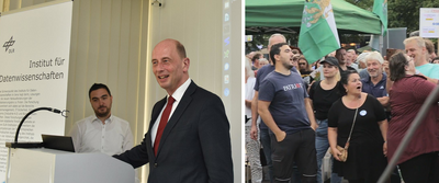 Zweigeteiltes Bild: Links sieht man Lars Kühne mit Wirtschaftsminister Tiefensee 2020 bei der Einweihung eines neuen Hochleistungsrechners; rehcts sieht man Kühne im T-Shirt der Identitären Bewegung bei einer rechten Kundgebung in Leipzig
