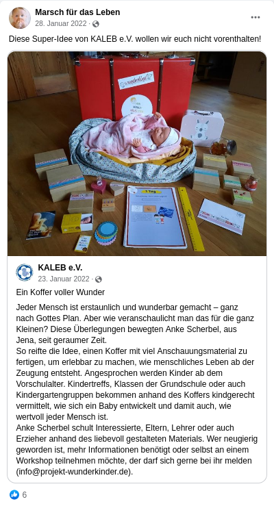 Facebook-Screenshot des Accounts "Marsch für das Leben" in dem dieser einen Beitrag von Kaleb e.V. teilt, in dem der "Lehrkoffer" von Anke Scherbel vorgestellt wird.