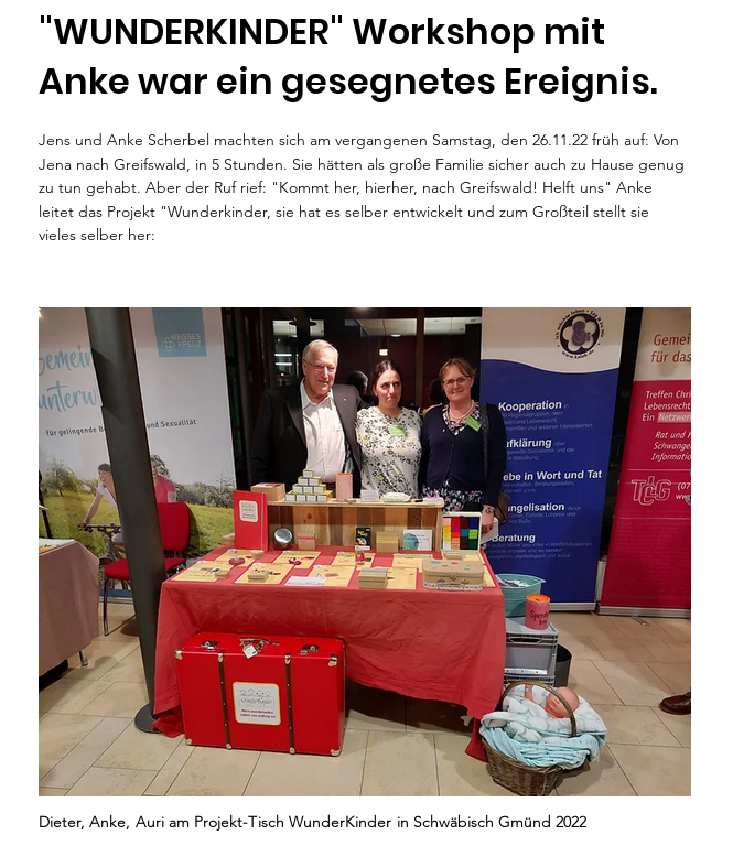 Screenshot eines Beitrags der Website von Kaleb Greifswald in dem berichtet wird, dass Anke Scherbel das Projekt "Wunderkinder" in Greifswald vorgestellt hat.