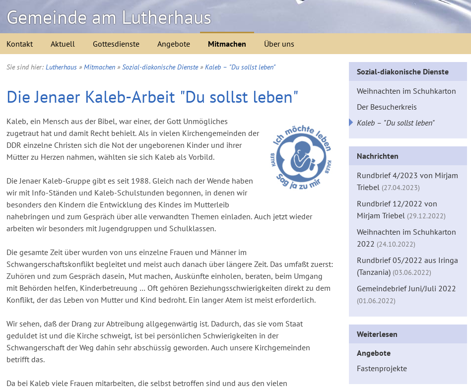 Screenshot eines Beitrags der Website des Lutherhaus Jena, in dem diese KALEB bewerben