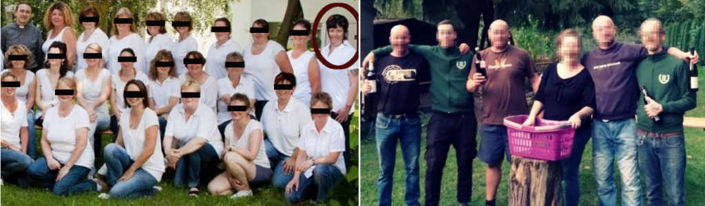 Links: Katja Bütow (1.v.r.) und Evelyn Kruppe mit dem Kahlaer Pfarrer und dem Team der Diakonie Sozialstation Kahla; rechts: Katja (3.v.r.) und Marcel Bütow (4.v.r.) bei der Erntedank-Feier vom III. Weg in ihrem Kleingarten an der Saale im Oktober 2018