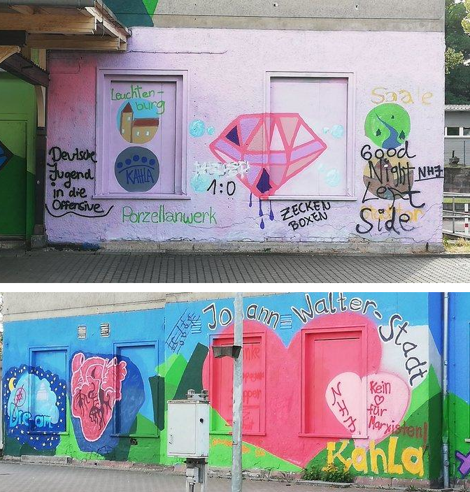 Neonazi-Graffitis mit Tag der „NHJ“ am Kahlaer Bahnhof im Sommer 2019 (Fotos: OTZ)