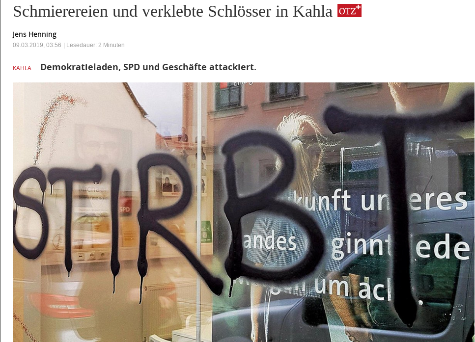 Morddrohung am SPD-Büro Kahla März 2019 (Screenshot OTZ)