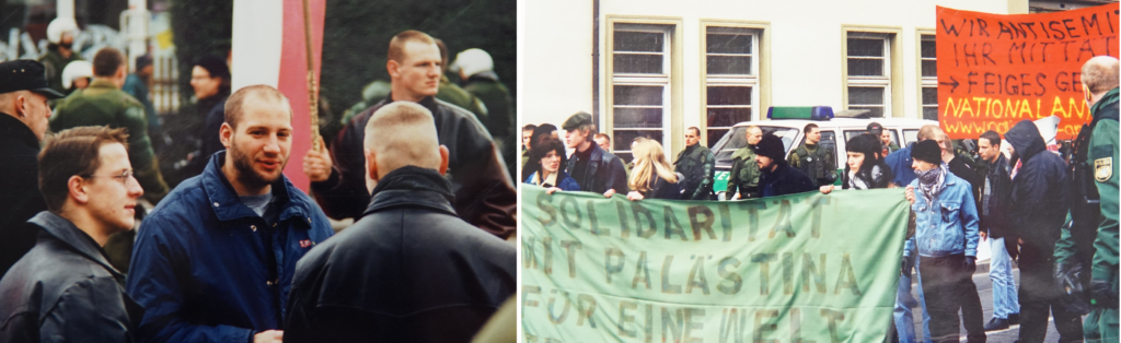 Zusammenstellung von zwei Fotos des Aufmarschs am 14.7.2001. Auf dem linken Bild ist Martin Schild mit zwei anderen Teilnehmern im Gespräch zu sehen. Auf dem rechten Bild sieht man ihn während des Aufmarschs im Gespräch mit André Kapke.