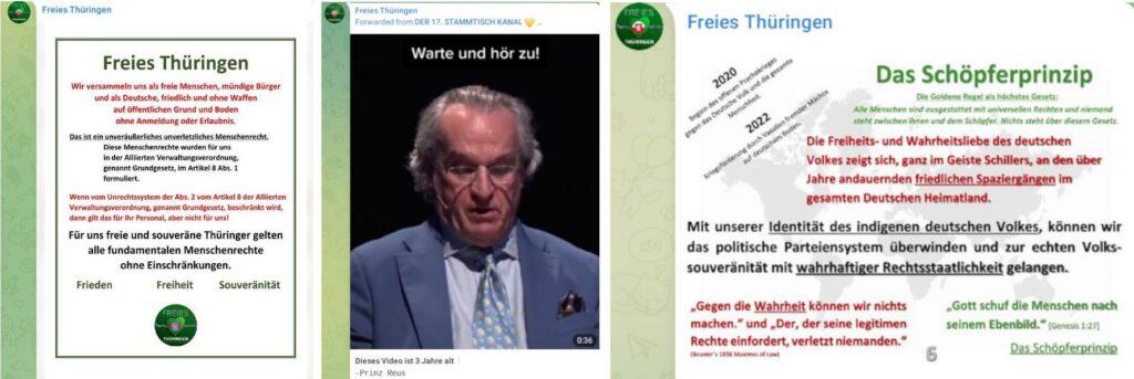 Das Grundgesetz als „Alliierte Verwaltungsordnung“, Werbung für Heinrich Reuß' Reichsbürgerrede von 2019 und der Aufruf, als Blutsdeutsche das Parteiensystem zu überwinden (Telegram Oktober 2022)
