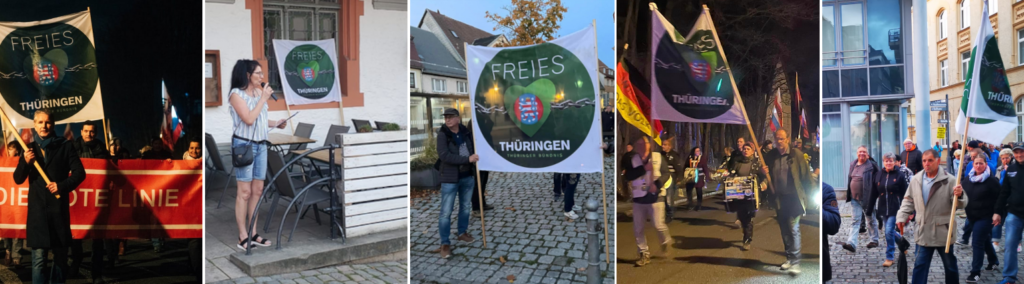 AfD-FunktionärInnen aus dem SOK mit dem Banner der Reichsbürger (v.l.): Björn Höcke, Uwe Thrum und Anja Bergner im März 2023 in Triptis, Corinna Schmidt im August 2023 in Pößneck, Heiko Bergner im Oktober 2022 in Triptis, Oswald Gmeiner Januar 2023 in Triptis und Martin Jacob im September 2022 in Neustadt/Orla (Fotos: soziale Medien)