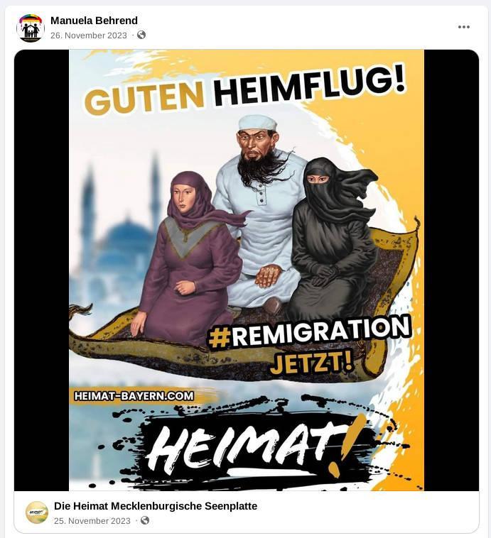 Am 26.11.2023 von Manuela Behrend geteilter Post des Accounts "Die Heimat Mecklenburgische Seenplatte" auf dem mit rassistisch, stereotyp dargestellte Muslim*innen auf einem fliegenden Teppich zu sehen sind. Dazu der Text: "GUTEN HEIMFLUG! #REMIGRATION JETZT! HEIMAT!"