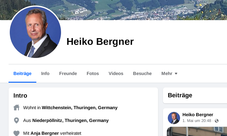 Screenshot von Heiko Bergners Facebook Profil auf dem dieser als Wohnort "Wittchenstein, Thüringen, Germany" angegeben hat.
