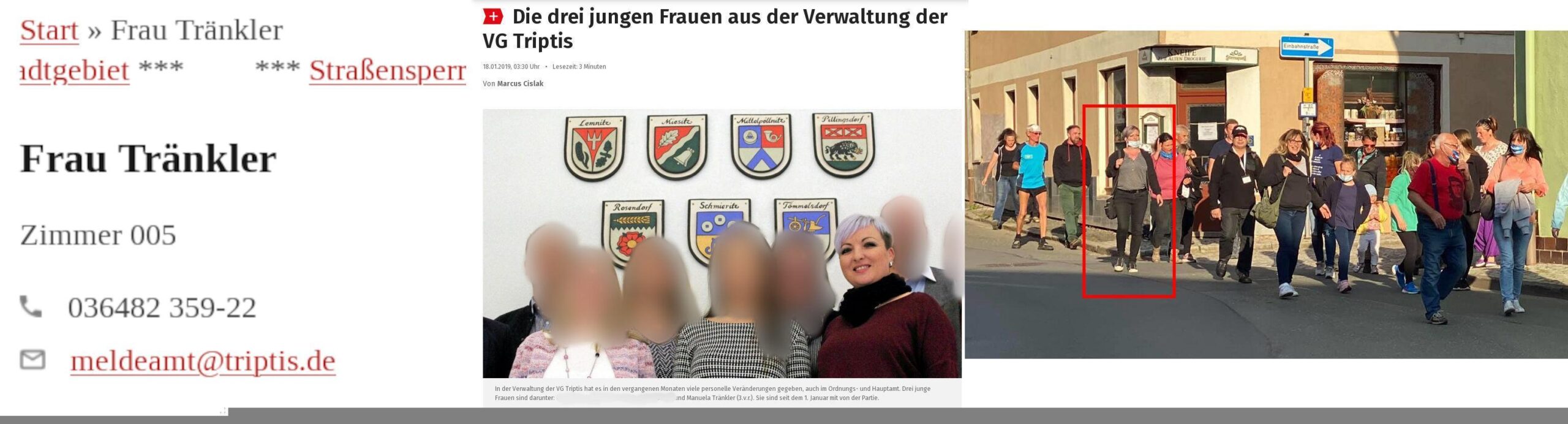 Collage von drei Bildern. Links Screenshot der Website der Stadt Triptis. Frau Tränkler als zuständige Person für das Meldeamt. Mitte: OTZ Artikel "Die drei jungen Frauen aus der Verwaltung der VG Triptis" mit Bild auf dem Manuela Tränkler zu sehen ist. Rechts: Bild eines "Montagsspaziergangs" in Triptis auf dem Manuela Tränkler als Teilnehmerin zu sehen ist.
