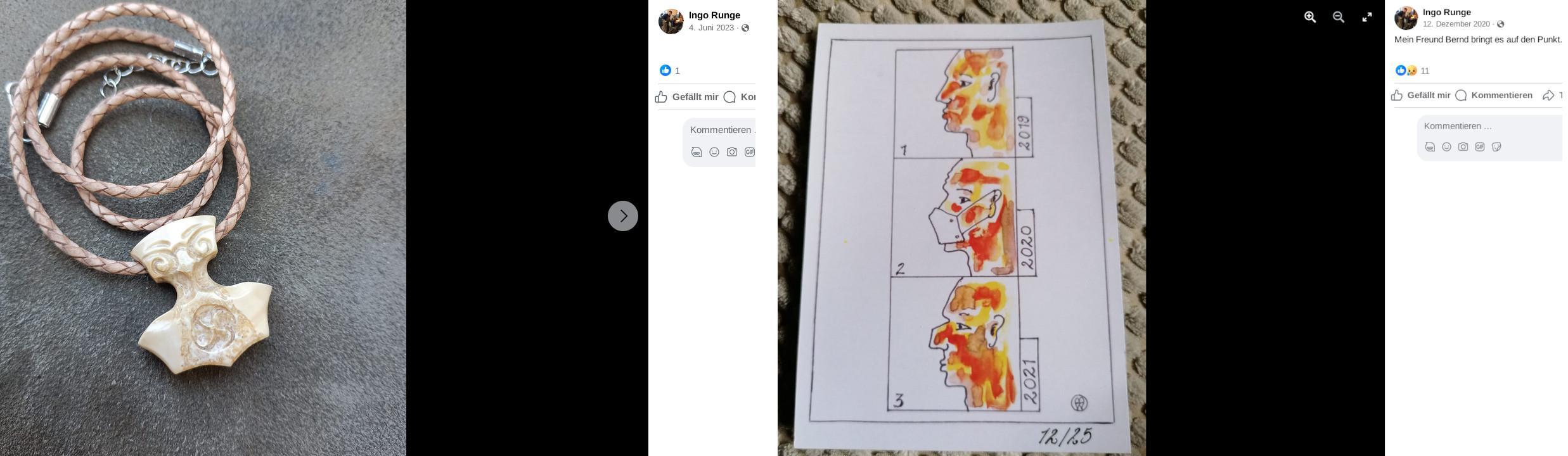 Zusammenstellung von zwei Screenshots von Bildern, die auf Ingo Runges Facebook Account geteilt wurden. Links: Thorshammer mit einem Hakenkreuz. Rechts: Antisemitische Karrikatur, die Runge mit dem Text "Mein Freund Bernd bringt es auf den Punkt." kommentiert hat.
