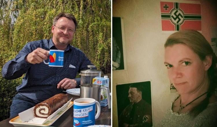 Zusammenstellung von zwei Fotos. Links Robert Sesselmann mit AfD-Kaffeetasse beim Kuchenessen. Rechts Angela Schaller posiert vor einer Hakenkreuzfahne und einem Foto von Adolf Hitler.