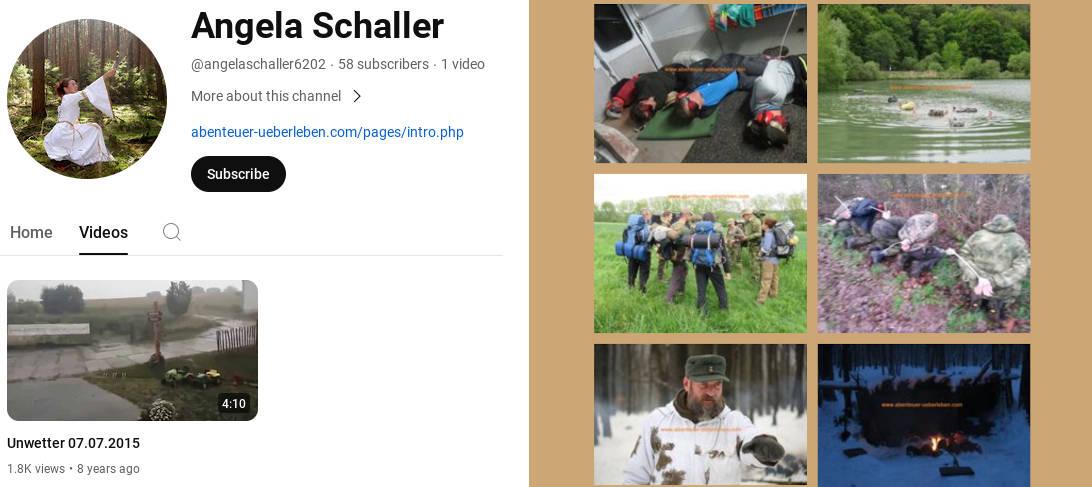 links: Schallers Youtube-Kanal mit Link zu Peter Wörners Survivaltrainings und dem Video vor seinem Haus; rechts: Werbefotos von Wörners Trainings von dessen Webseite