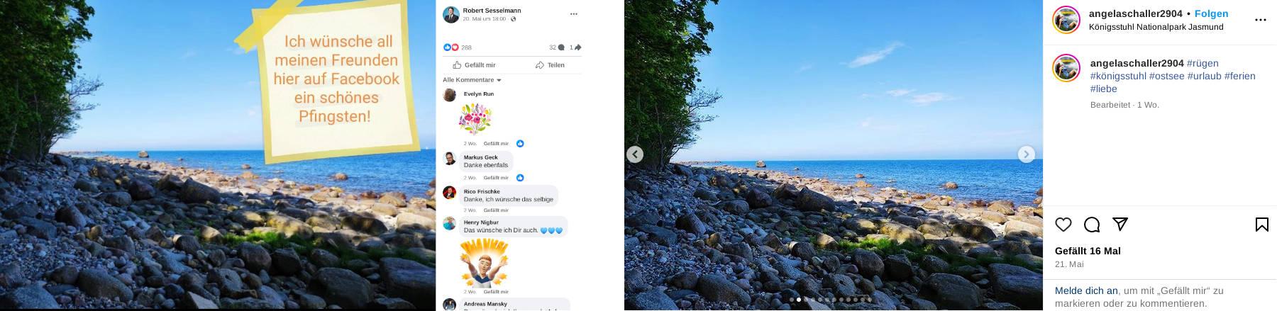 Zusammenstellung von zwei Bildern auf denen ein Facebook-Post von Robert Sesselmann vom 20. Mai 2024 und ein Instagram Post von Angela Schaller vom 21. Mai 2024 zu sehen sind. In beiden Posts wird das gleiche Bild von einem Strand geteilt. Sesselmann kommentiert es mit: "Ich wünsche all meinen Freunden hier auf Facebook ein schönes Pfingsten!". Schaller mit: "#rügen #königsstuhl #ostsee #urlaub #ferien #liebe"