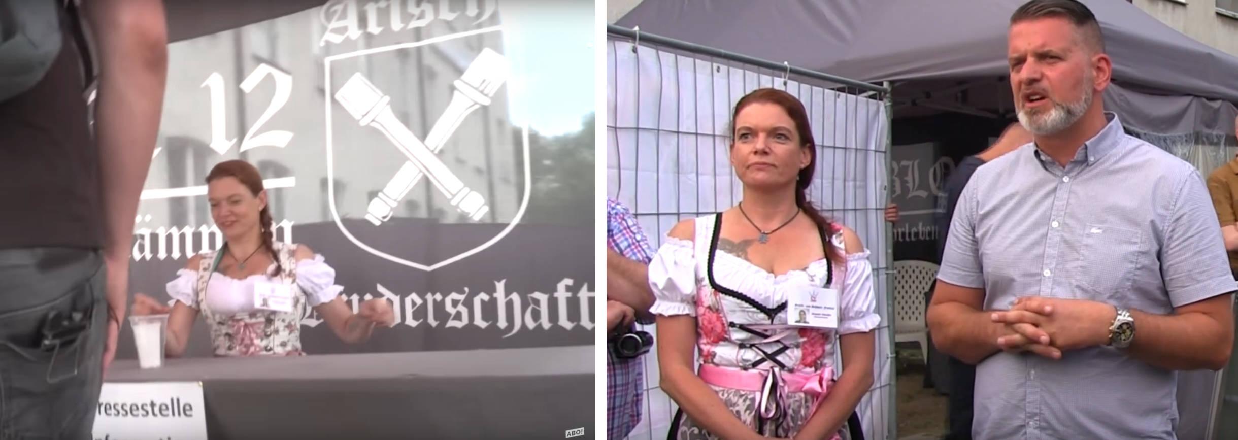 Links: Angela Schaller vor einer Flagge der "Arischen Bruderschaft" hinter einem Stand mit einem "Pressestelle" Schild. Rechts Angela Schaller mit Thorsten Heise.