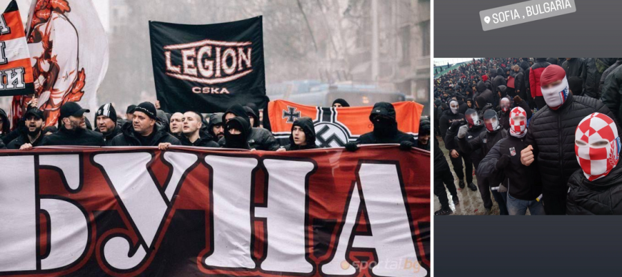 zwei Bilder. Links sieht man den vorderen Teil des Fanmarschs in Sofia am 2.3.2025, bei dem neben einem Hochbanner "Legion CSKA" eine Hakenkreuzfahne gehalten wird. Rechts sieht man die sechs Jungsturm-Hooligans mit rot-weißen Skimasken im Stadion von ZSKA beim Derby.