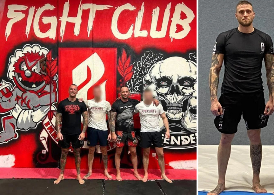 Vor einem rot-weiß-schwarz bemalten Hintergrund "Fight Club Sektor G" stehen Ivan Velchev und Deyan Topalski in schwarzer Trainingskleidung Arm in Arm mit Felix Reck und einem weiteren Erfurter, beide in weiß-roten Solidaritätsshirts für die inhaftierten Jungsturm-Anführer.