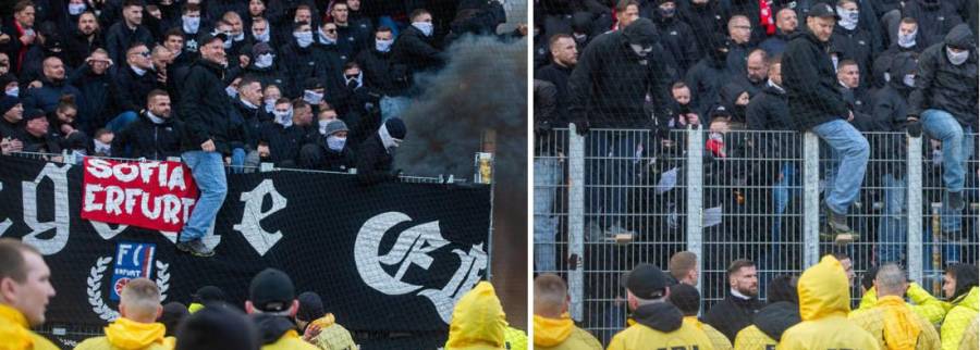 auf zwei Bildern sind Szenen vom Derby Erfurt-Jena zu sehen, in denen Neonazi-Hooligans vom Jungsturm einheitlich in schwarz gekleidet und mit ihrem schwarzen Banner "Kategorie EF" am Zaun, vom Jenaer Gästeblock in Richtung Ultrablock von Jena blicken, in denen Innenraum steigen und Pyrotechnik in Richtung Jena abfeuern.
