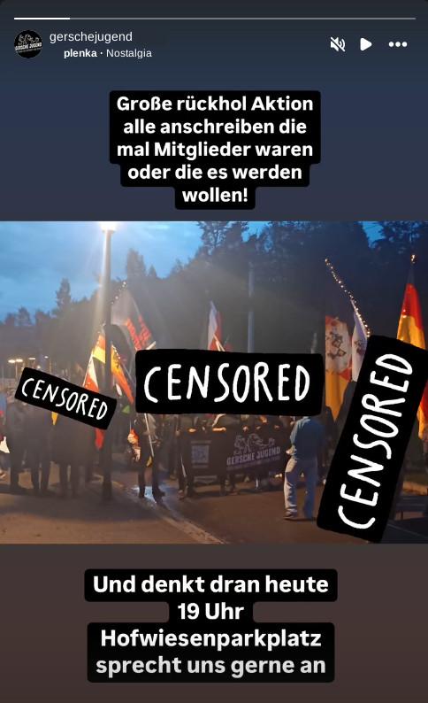 Instagram-Story der Gerschen Jugend mit dem Text: "Große rückhol Aktion alle anschreiben die mal Mitglieder waren oder die es werden wollen!" Dazu ein Foto der Gerschen Jugend bei der Geraer Montagsdemo.