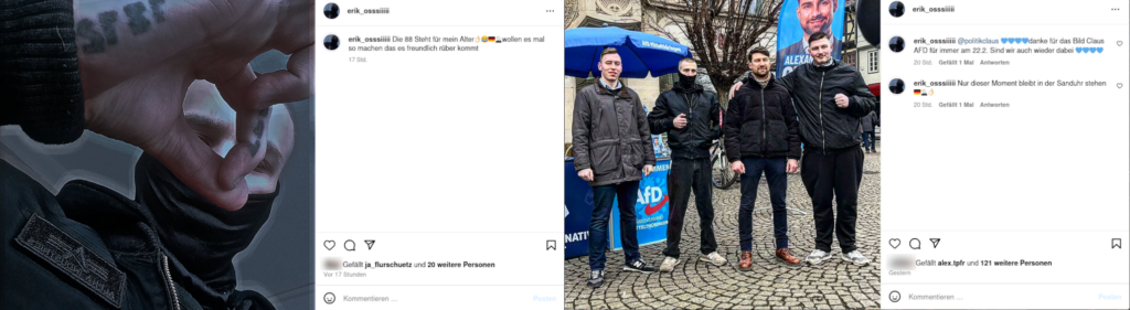 zwei Instagram Screenshots nebeneinander: Links sieht man einen vermummten Glatzkopf, der mit den Fingern eine 8 formt. Dazu sein Kommentar: "Die 88 steht für mein Alter." Unten sieht man bei den Likes eines von dem Konto ja_flurschuetz. Auf dem rechten Screenshot sieht man den rechten Jugendlichen an einem AfD-Wahlkampfstand in Erfurt mit dem dortigen Bundestagskandidaten Alexander Claus und Alexander Töpfer von der Jungen Alternative.
