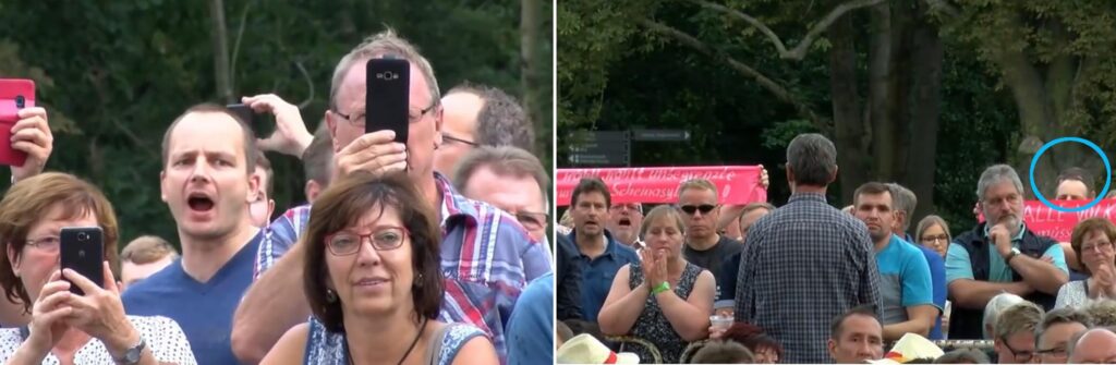Zusammenstellung von zwei Fotos auf denen Simon Ehrenreich und Matthias Brand bei einer gemeinsamen Aktion gegen den Besuch von Merkel zu sehen sind. Beide halten rote Spruchbänder mit weißem Text in den Händen.