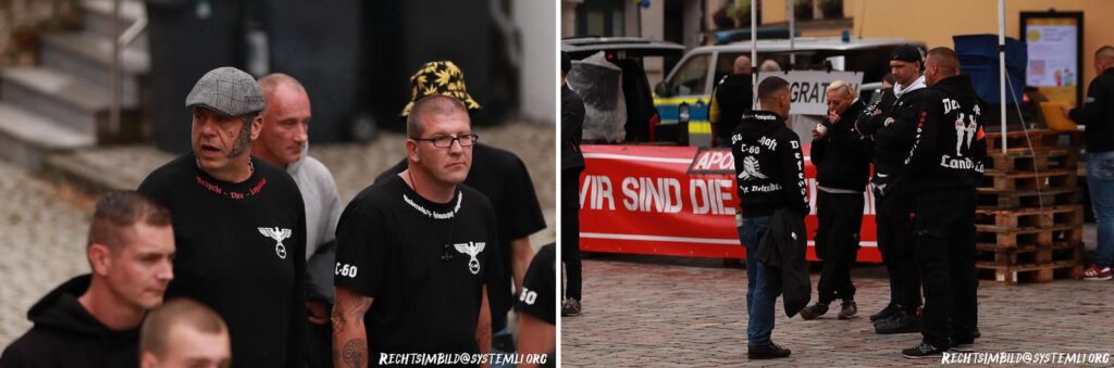 Zwei Fotos auf denen u.a. Christian Meister in Kleidung von "C-60" mit weiteren "C-60"-Neonazis zu sehen ist.