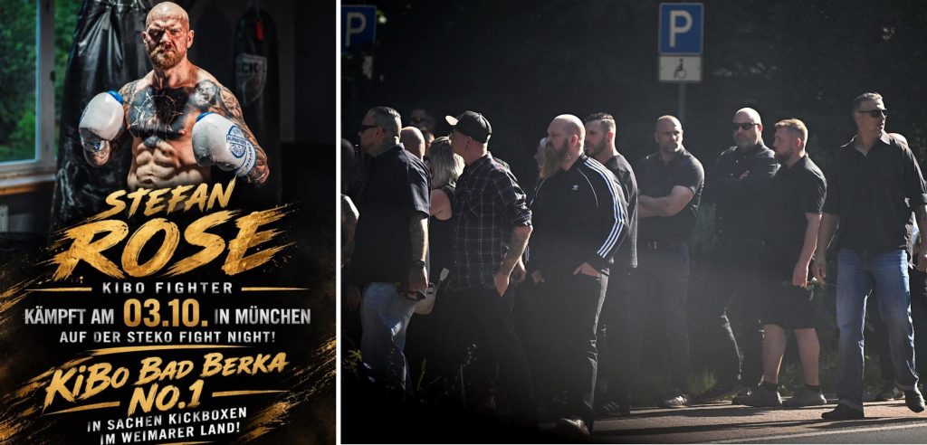 Titelbereich mit dem Titel „Rechte Haken im Weimarer Land: Neonazis als Trainerin und Wettkämpfer beim Kickboxing Bad Berka“. Darunter sieht man eine Bildmontage auf zwei Bilder. Links sieht man ein KI-erstelltes Werbebild für Stefan Roses Kampf am 3.10. in München mit einem Bild von ihm, seinem Namen und „KiBo Bad Berka - No. 1 in Sachen Kickboxen im Weimarer Land“. Rechts sieht man ein verdeckt aufgenommenes Foto aus Brandenburg, wo Stefan Rose in einer schwarzen Adidas-Trainingsjacke mit seinen Apoldaer Kameraden, teils mit Sonnenbrillen zu sehen ist. Bildunterschrift: „links: KiBo-Werbung mit Stefan Rose für den Kampf am 3.10.2026 im Cirkus Krone in München; rechts: Stefan Rose (mittig in Trainingsjacke) auf der Beerdigung für den Rechtsrockmusiker Christian Dürre in Beeskow am 18.8.2023 (Foto: Recherche Nord)“