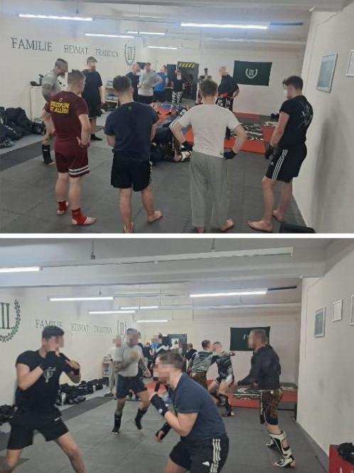 zwei Fotos vom Kampfsporttraining in Ohrdruf: Oben sieht man eine Gruppe junger Personen im Kreis stehen. Robin Klein trägt ein rotes Shirt vom „Kampf der Nibelungen“ und eine rote Shorts dazu. Man sieht leicht verschwommen Nils Kirrchbach mit Boxerfrisur und vielen Tattoos am ganzen Köfper. Auf dem unteren Bild sind 2er-Paare beim Sparring zu sehen.