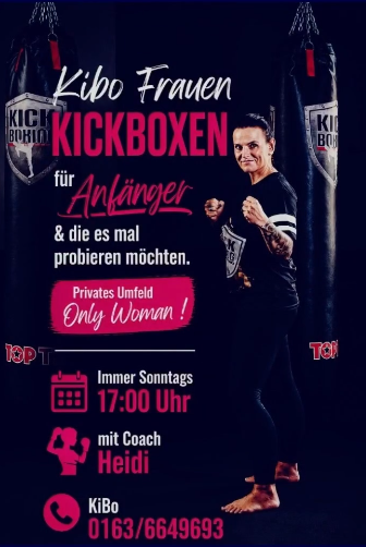 Werbung vom KiBo mit Heidi Lorber vor schwarzem Hintergrund in Boxerinnenpose. In pinker Schrift wird für das Frauen- und Anfängerinnentraining mit Lorber beim KiBo geworben.