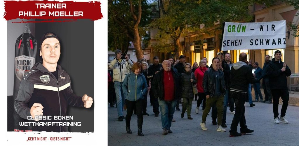 Bildmontage. Links sieht man eine Grafik mit Philipp Möller in den weiß-roten Farben des KiBo und der Schrift: „Trainer Philipp Möller: Classic Boxen Wettkampftraining“. Rechts sieht man Philipp Möller in Jogginghose und mit umgedrehter Cap im Dunkeln in der Weimarer Montagsdemo neben einem Hochbanner: „Grün - wir sehen schwarz“
