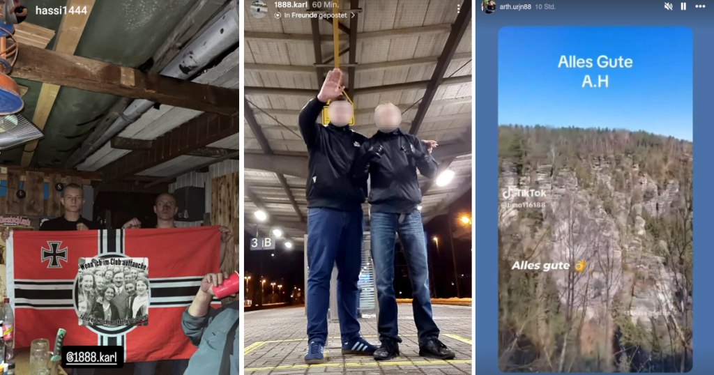 Foto vom Naziaufmarsch in Gera am 1. Mai 2025, auf dem Pöllinger in schwarzem Shirt, kurzer Hose und Scheitelfrisur im Vordergrund zu sehen ist. Um ihn herum sind weitere Nazis in Szene-Shirts zu sehen. Im Hintergrund tragen Teilnehmer Flaggen von „Die Heimat“.